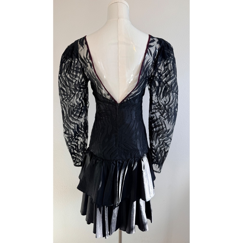 Contempo Casuals Vintage 80s Black Lace Taffeta Bow Dress Sz S Goth Whimsigoth - Picture 3 of 14